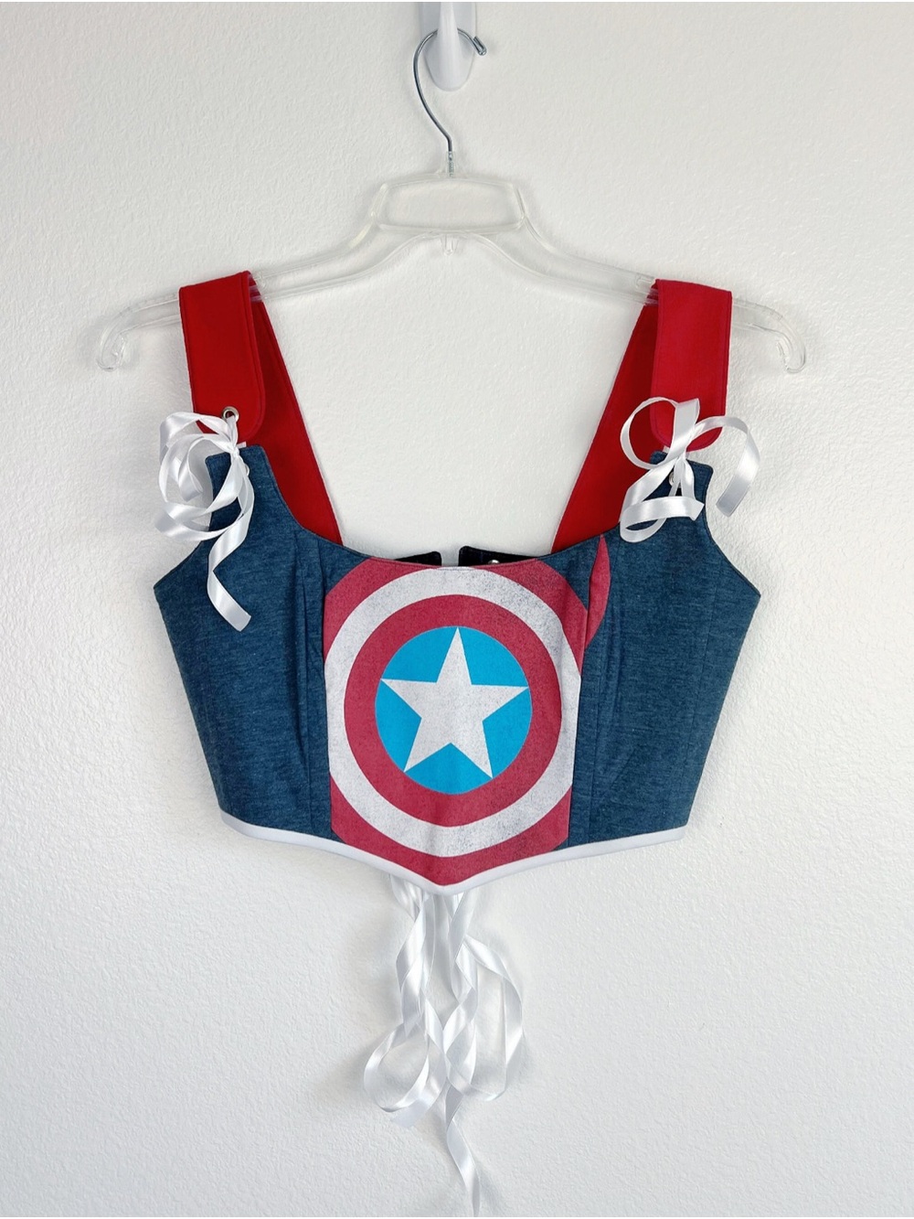 Handmade Blue Red Reworked Shield Graphic Corset Top OOAK
